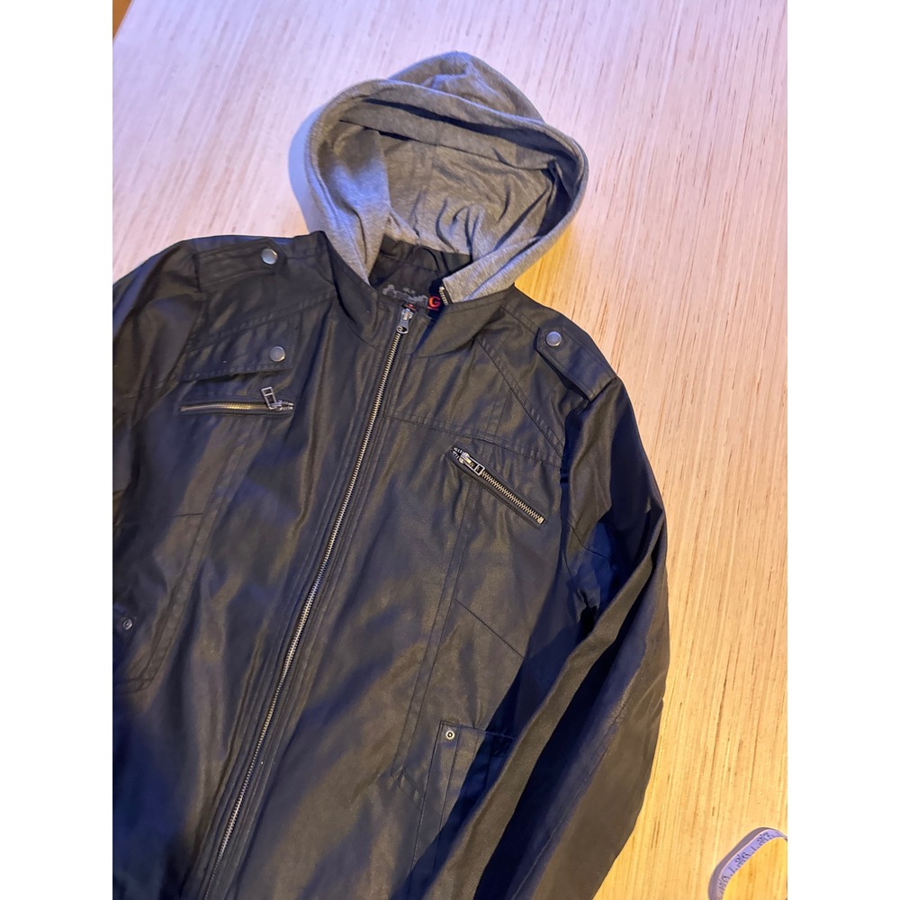 G by GUESS Mens Black Coated Canvas Hooded Bomber Jacket Size M Full Zip Moto 28